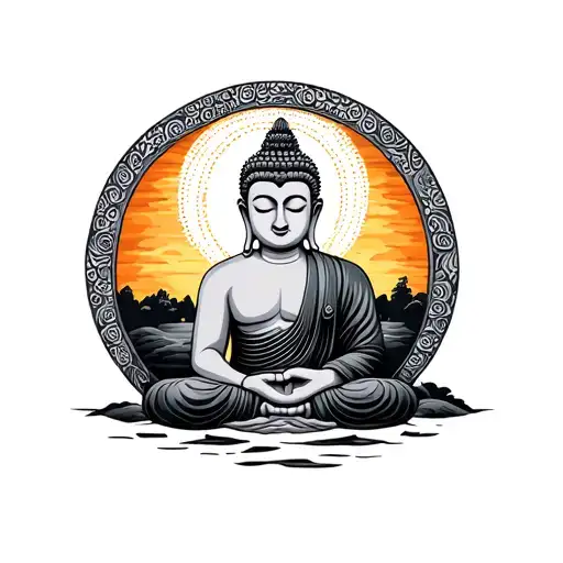 full sleeve left arm with buddha at the top near shoulder with dot work sunset round his head and below and next to home tattoo design idea