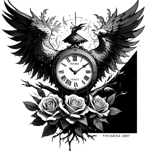 phoenix, shattered clock, rose with pointing fingers, Family with 2001-2004-2007, PATIENCES down the arm, tree of life,  tattoo design idea