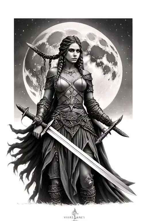 full moon and full body nordic war goddess with braids and two swords  tattoo design idea