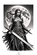 full moon and full body nordic war goddess with braids and two swords  tattoo design idea