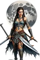 full moon and full body nordic war goddess with braids and two swords  tattoo design idea