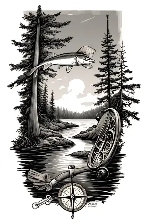 a fly rod and reel, Atlantic salmon fly, a river, a wishbone, an old map and compass, trees and the ocean tattoo design idea