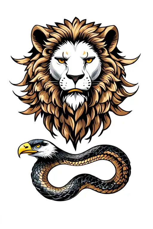 lion head, snake and eagle chimera, tattoo design idea