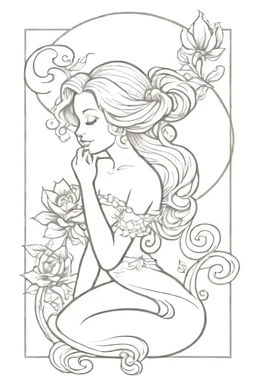 exaltation, Alice in the wonderland, spiral, spirituality, flower, smooth, feminine, rebirth,baby mermaids, not detailed tattoo design idea