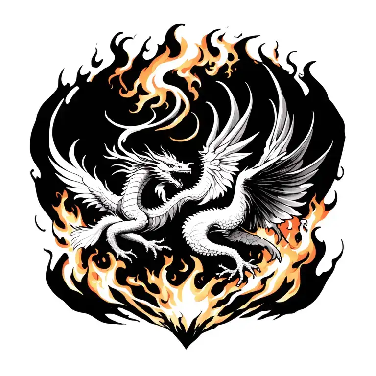 dragon and phoenix flying out of a spark of flame tattoo design idea