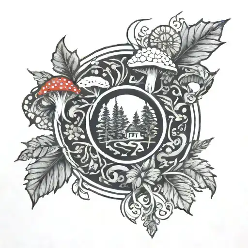 red cedar, plants intertwined,  mushrooms, mandala tattoo design idea