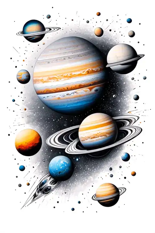 outerspace in black and grey with all the planets in color and comets full sleeve  tattoo design idea