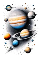 outerspace in black and grey with all the planets in color and comets full sleeve  tattoo design idea