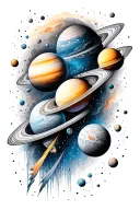 outerspace in black and grey with all the planets in color and comets full sleeve  tattoo design idea