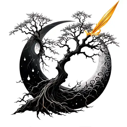 moon, willow tree growing and golden spear tattoo design idea