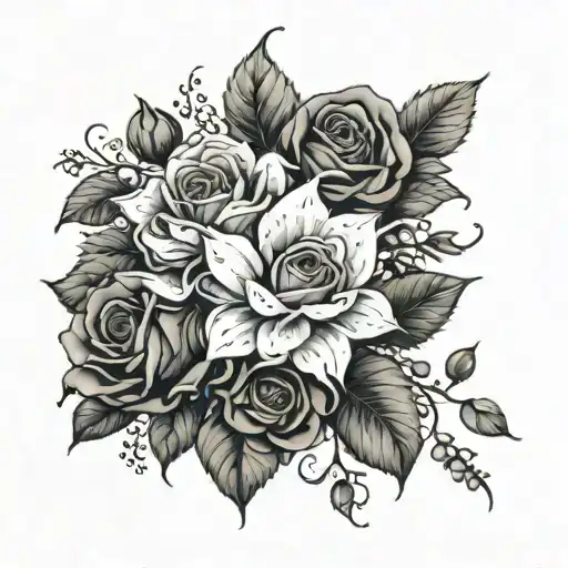roses and baby's breath, rosary intertwined with ivy leaves and a few sunflowers  tattoo design idea
