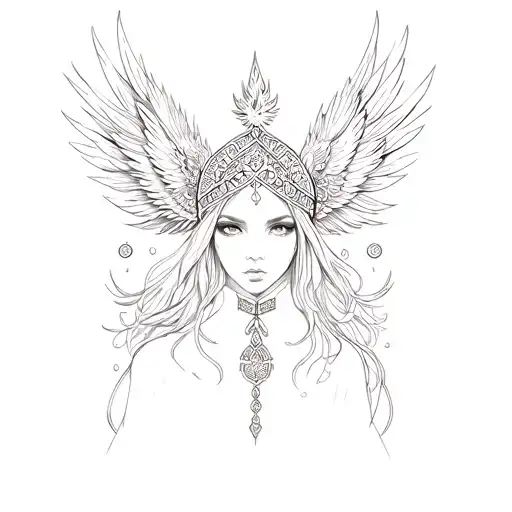 Firebird girl in a kokoshnik and Slavic ornament on the background tattoo design idea