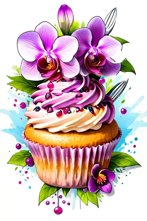 A new-school tattoo of a cupcake with orchid decorations and baking utensils in the background tattoo design idea