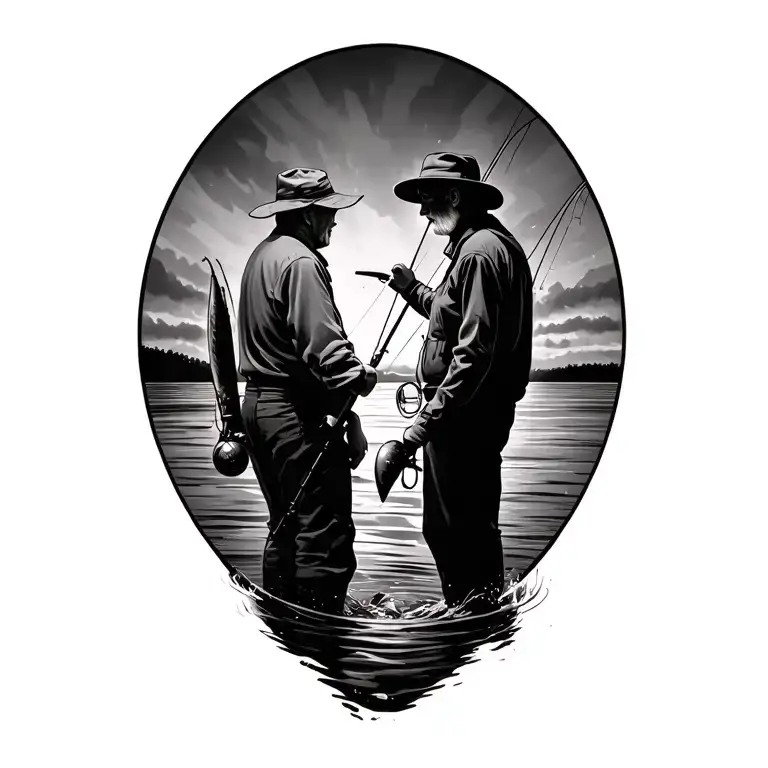 Fishing scene casting with grandpa ans grandson fishing tattoo design idea