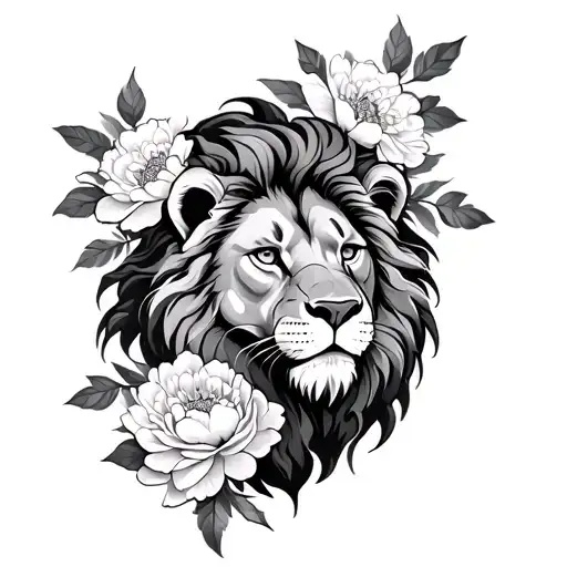 lion and peony flowers tattoo design idea