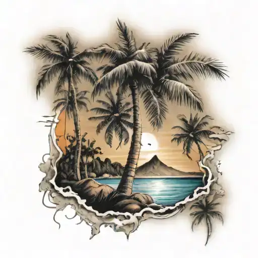 coconut tree,wate bunglow in sunset sky tattoo design idea