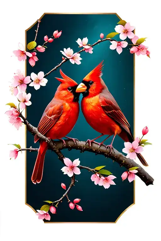 A male cardinal and a female cardinal looking at each other sitting on one cherry blossom branch tattoo design idea