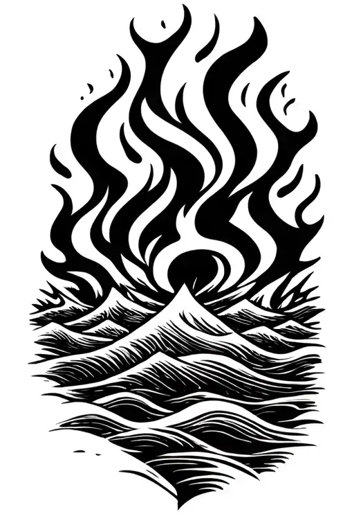 Camping fire with waves tattoo design idea