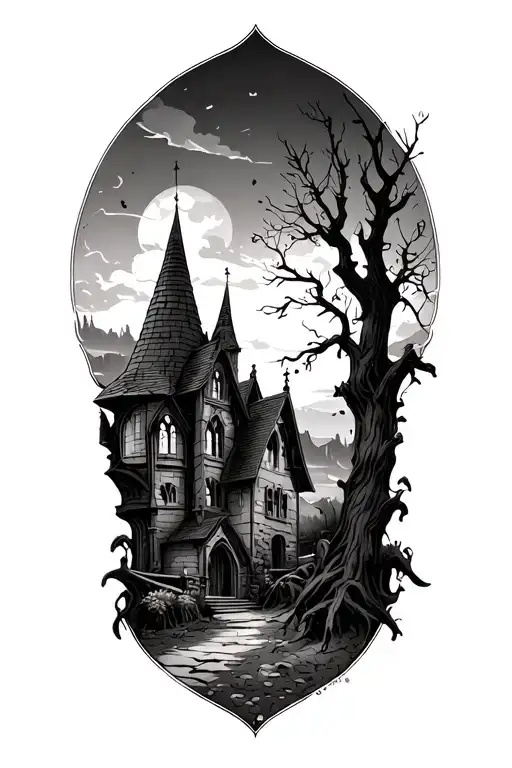 gothic architecture farm scene tattoo design idea