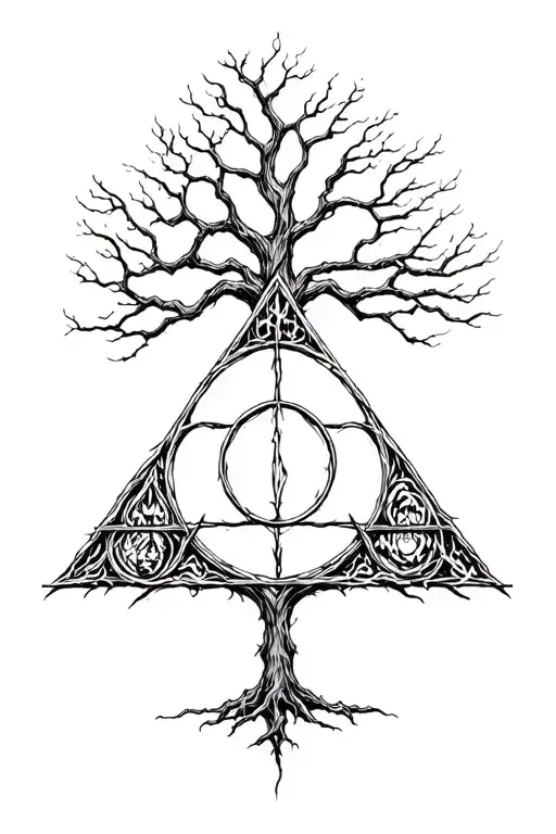 deathly hallows with knowledge tree growing tattoo design idea