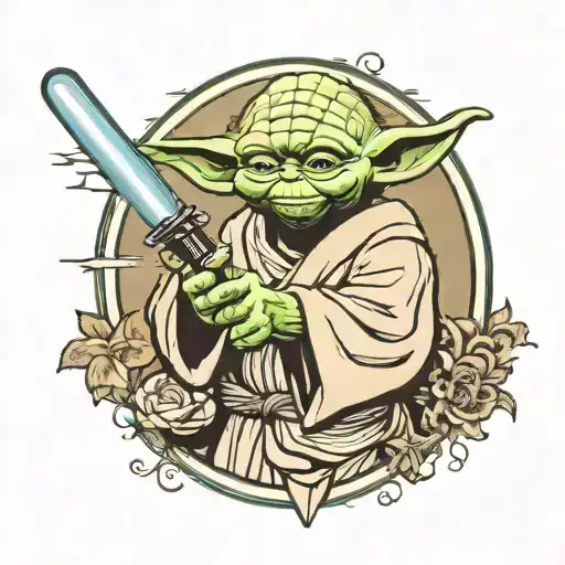 yoda holding a light saber with death star behind him  tattoo design idea