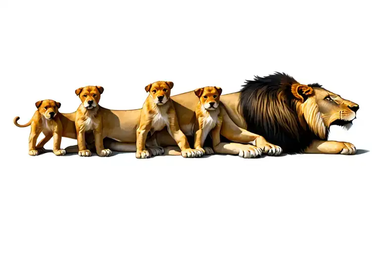 Imposing male lion protecting their three puppies a female and two males tattoo design idea