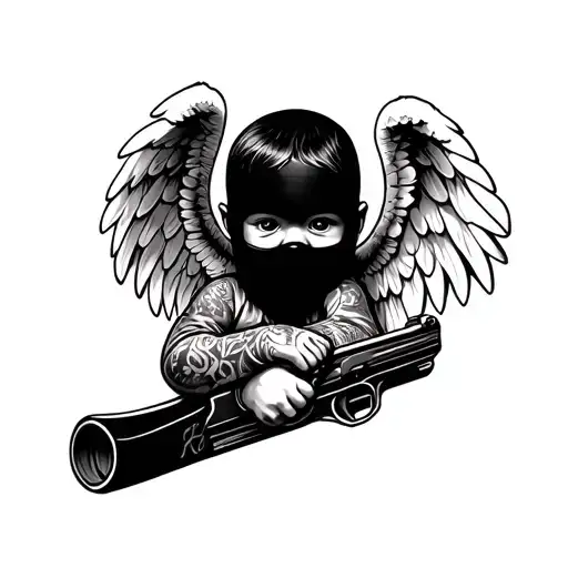 Ski Mask Black Baby Angel With Tats Holding Guns Tattoo tattoo design idea
