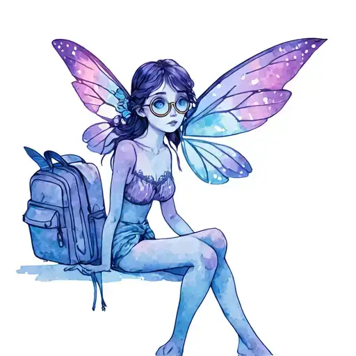 A fairy with hummingbird wings and round glasses, sitting in a quiet position. By his side there is an open backpack (in tattoo design idea