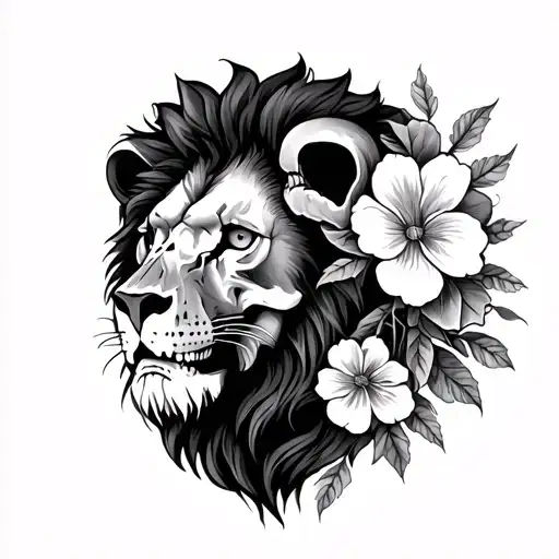 lion face with dead flowers and lion skull with live flowers tattoo design idea