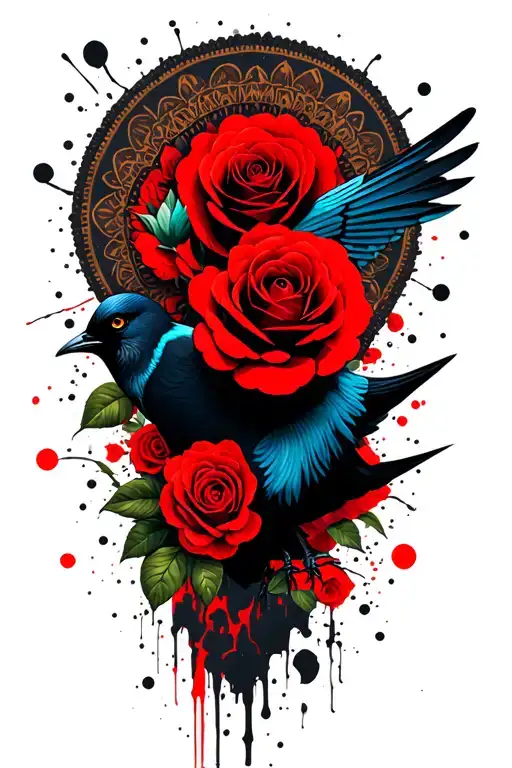 roses and bird with mandala design incorporating tattoo design idea