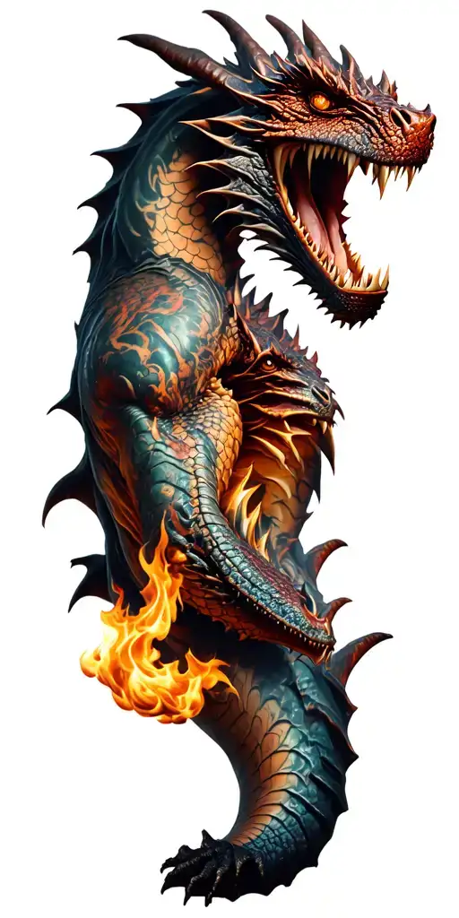 chest and right arm sleeve tattoo, from chest to elbow photo realistic 3d dragon smaug. fire coming out of his mouth  tattoo design idea