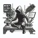 A cyber security themed tattoo featuring a futuristic hacker breaking into a digital system in the style of blackwork tattoo design idea
