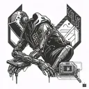 A cyber security themed tattoo featuring a futuristic hacker breaking into a digital system in the style of blackwork tattoo design idea