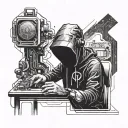 A cyber security themed tattoo featuring a futuristic hacker breaking into a digital system in the style of blackwork tattoo design idea