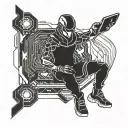 A cyber security themed tattoo featuring a futuristic hacker breaking into a digital system in the style of blackwork tattoo design idea