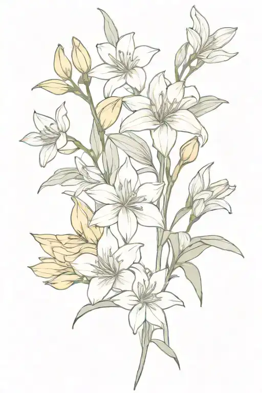 bouquet of  honeysuckles, daffodils, water lilies, and gladiolus  tattoo design idea