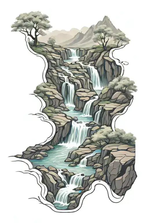 flowing river on winding mountain path with rushing areas and obstacles, semicolons embedded in the scene naturally tattoo design idea