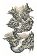 flowing river on winding mountain path with rushing areas and obstacles, semicolons embedded in the scene naturally tattoo design idea