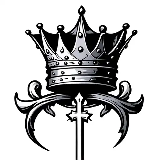 "Minimalist logo design, elegant line art, medieval crown with a simple cross below it, clean lines, no shading, no 3D,  tattoo design idea