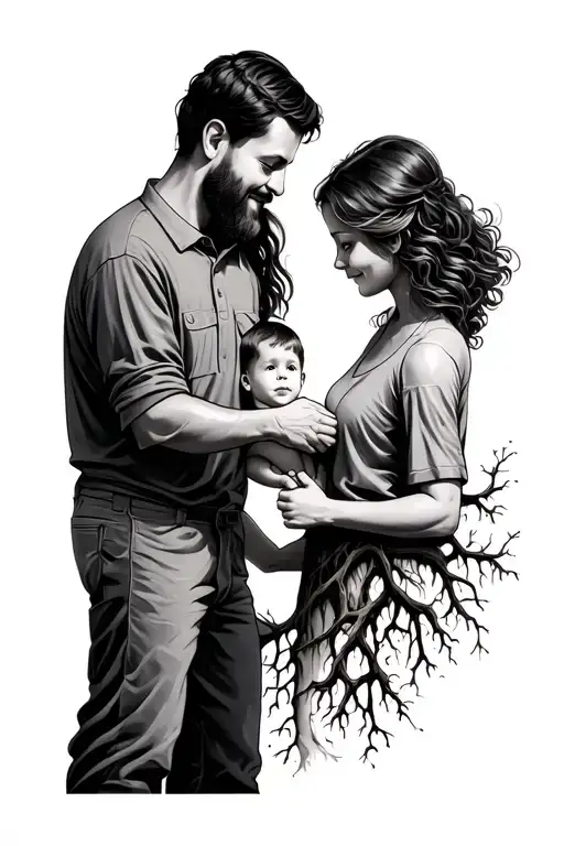 mom and dad holding sons hand with tree roots coming out tattoo design idea