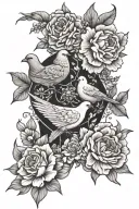 patchwork tattoo with three doves and a marigold flower carnation flower holly flower and daffodil flower tattoo design idea