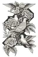 patchwork tattoo with three doves and a marigold flower carnation flower holly flower and daffodil flower tattoo design idea