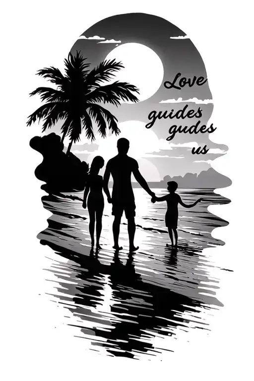 "Love guides us" sunset beach scheme black sillhouete.  Girl, Man, Boy holding hands. tattoo design idea