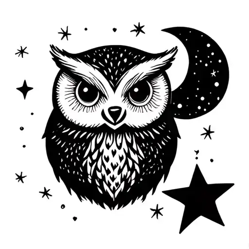 baby polar bear, baby owl, star, and sliver moon tattoo design idea