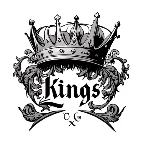 tattoo on the back of the neck. crown with the word Kings at the bottom written in medieval calligraphy and arabesques going towards the shoulders tattoo design idea