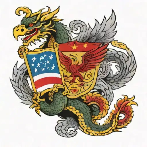 vietnam flag with dragon and eagle with american flag tattoo design idea