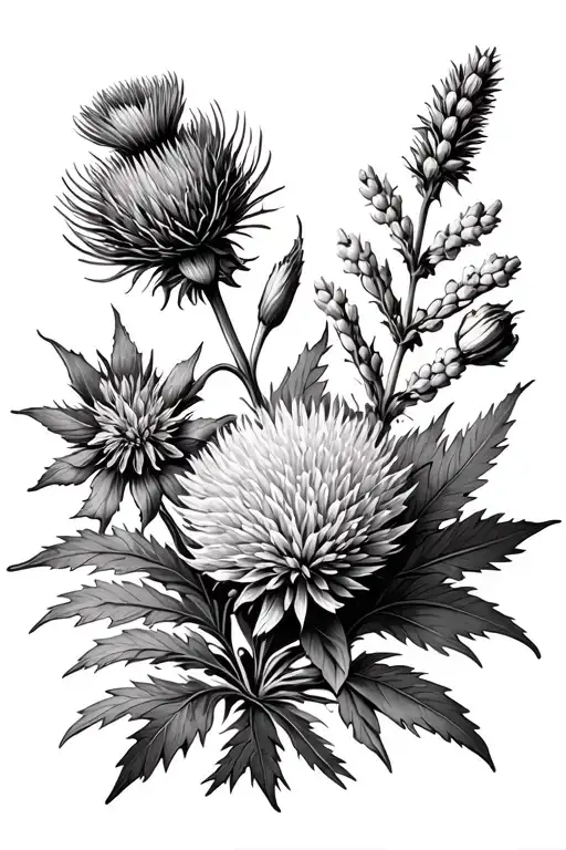 Thistle, Scottish gorse and Scottish heather flowers tattoo design idea