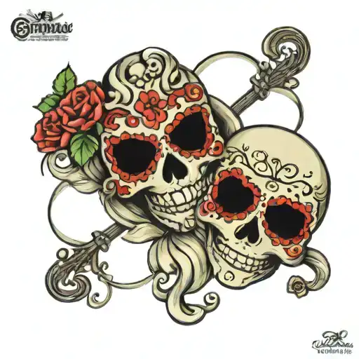 comedy and tragedy masks in a sugar skull theme  tattoo design idea