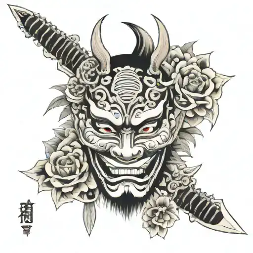 Japanese mask and daggers hidden tattoo design idea