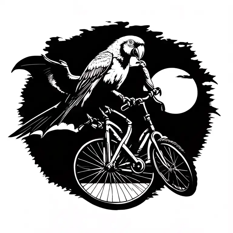 bat and macaw riding on unicycle into the sunset tattoo design idea